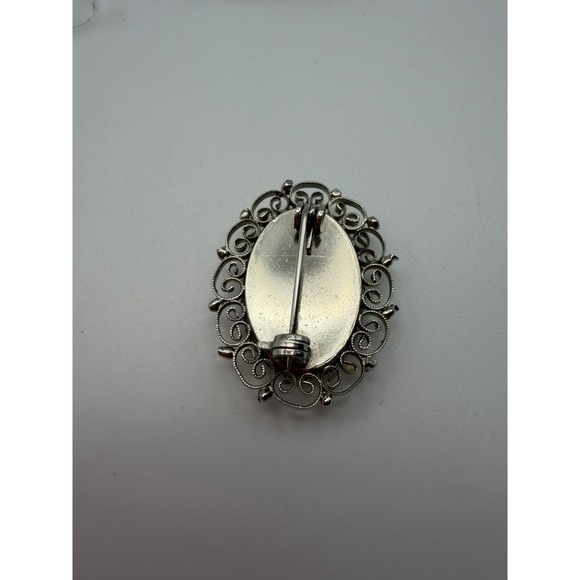 Vintage Petit Point Handmade in Austria Floral Rose Filigree Brooch Silver Tone - Picture 3 of 5